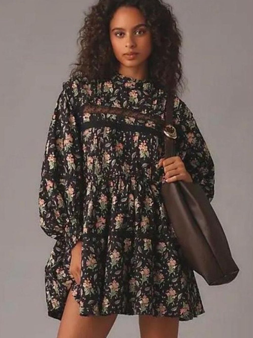 Anthropologie Pilcro Floral Mock Neck Long Sleeve Swing Mini Dress Size XS